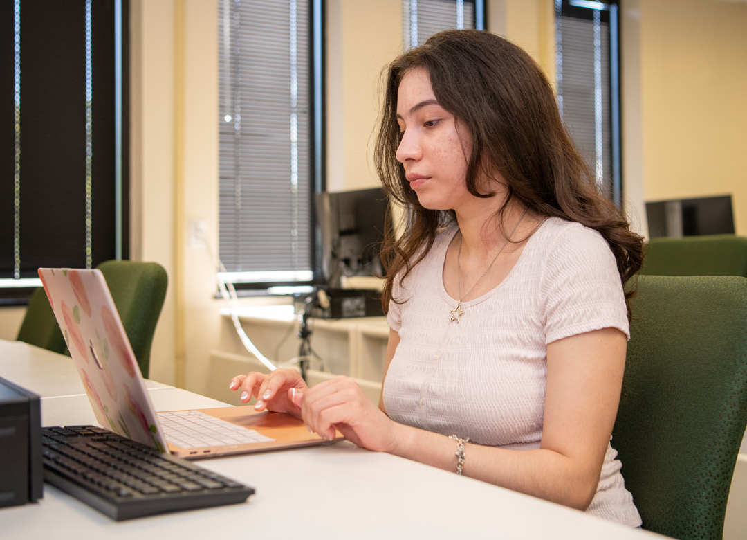 Dallas College student working on a laptop in a computer lab.