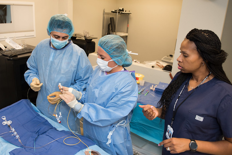 Two students and a professor working in a medical learning enviornment